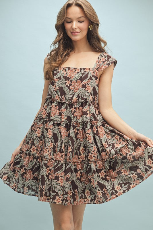 Floral Tiered Mini Dress - Espresso-dress- Hometown Style HTS, women's in store and online boutique located in Ingersoll, Ontario