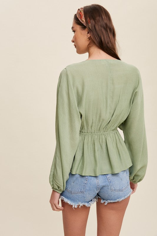 Cinched V-Neck Long Sleeve Blouse - Green-dress- Hometown Style HTS, women's in store and online boutique located in Ingersoll, Ontario