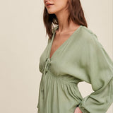 Cinched V-Neck Long Sleeve Blouse - Green-dress- Hometown Style HTS, women's in store and online boutique located in Ingersoll, Ontario