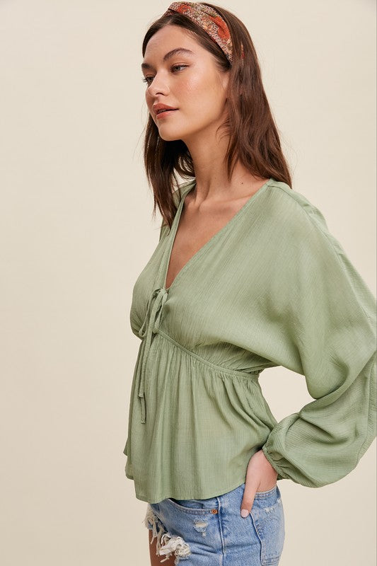 Cinched V-Neck Long Sleeve Blouse - Green-dress- Hometown Style HTS, women's in store and online boutique located in Ingersoll, Ontario