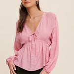 Cinched V-Neck Long Sleeve Blouse - Pink-tops- Hometown Style HTS, women's in store and online boutique located in Ingersoll, Ontario