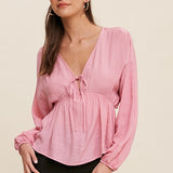 Cinched V-Neck Long Sleeve Blouse - Pink-tops- Hometown Style HTS, women's in store and online boutique located in Ingersoll, Ontario