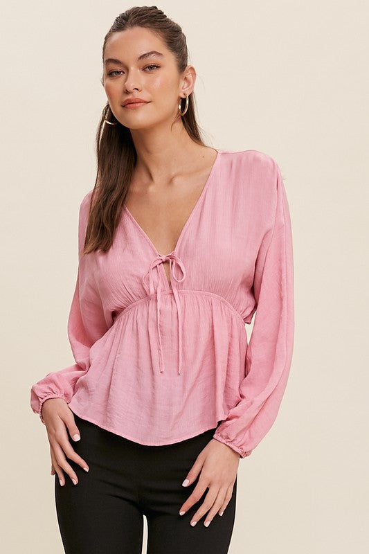 Cinched V-Neck Long Sleeve Blouse - Pink-tops- Hometown Style HTS, women's in store and online boutique located in Ingersoll, Ontario