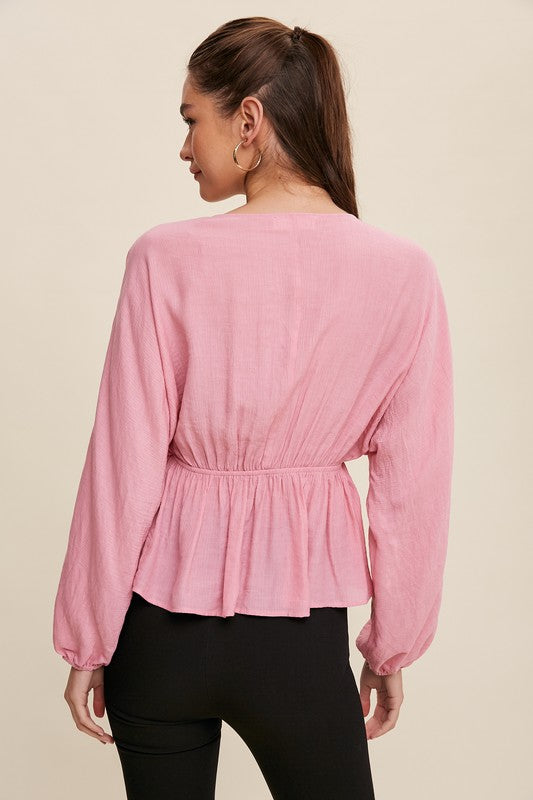 Cinched V-Neck Long Sleeve Blouse - Pink-tops- Hometown Style HTS, women's in store and online boutique located in Ingersoll, Ontario