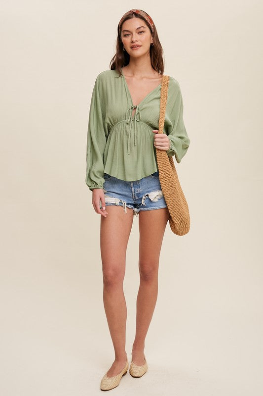 Cinched V-Neck Long Sleeve Blouse - Green-dress- Hometown Style HTS, women's in store and online boutique located in Ingersoll, Ontario