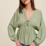 Cinched V-Neck Long Sleeve Blouse - Green-dress- Hometown Style HTS, women's in store and online boutique located in Ingersoll, Ontario