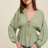 Cinched V-Neck Long Sleeve Blouse - Green-dress- Hometown Style HTS, women's in store and online boutique located in Ingersoll, Ontario