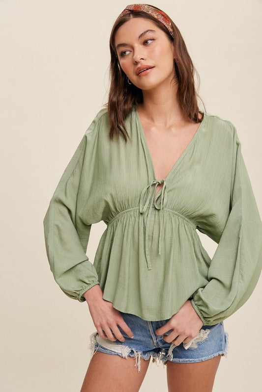 Cinched V-Neck Long Sleeve Blouse - Green-dress- Hometown Style HTS, women's in store and online boutique located in Ingersoll, Ontario