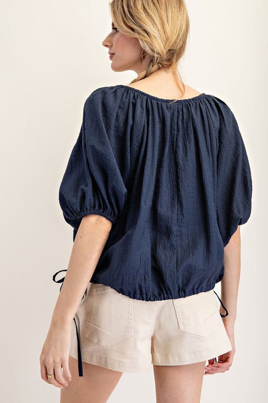 Puff Sleeve Scoop Neck - Navy-blouse- Hometown Style HTS, women's in store and online boutique located in Ingersoll, Ontario