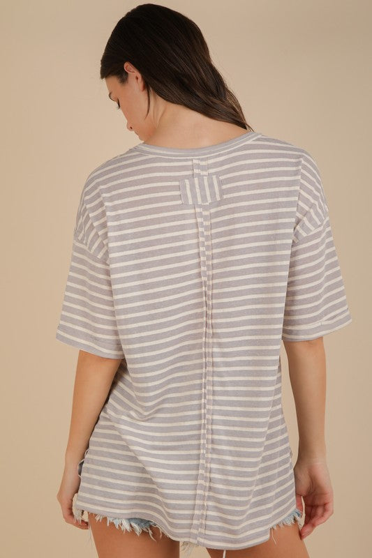 Oversized Stripe V Neck Tee - Grey-tee- Hometown Style HTS, women's in store and online boutique located in Ingersoll, Ontario