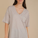 Oversized Stripe V Neck Tee - Grey-tee- Hometown Style HTS, women's in store and online boutique located in Ingersoll, Ontario