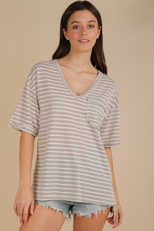Oversized Stripe V Neck Tee - Grey-tee- Hometown Style HTS, women's in store and online boutique located in Ingersoll, Ontario