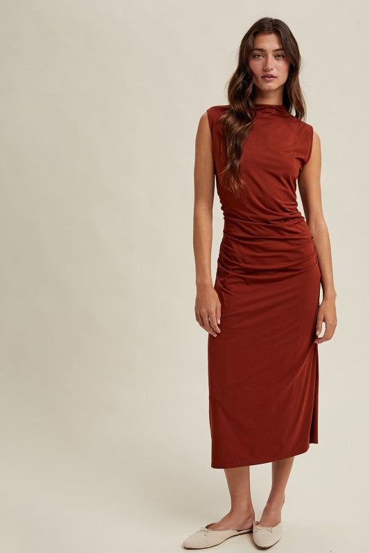 Draped Mock Neck Midi - Rust-dress- Hometown Style HTS, women's in store and online boutique located in Ingersoll, Ontario