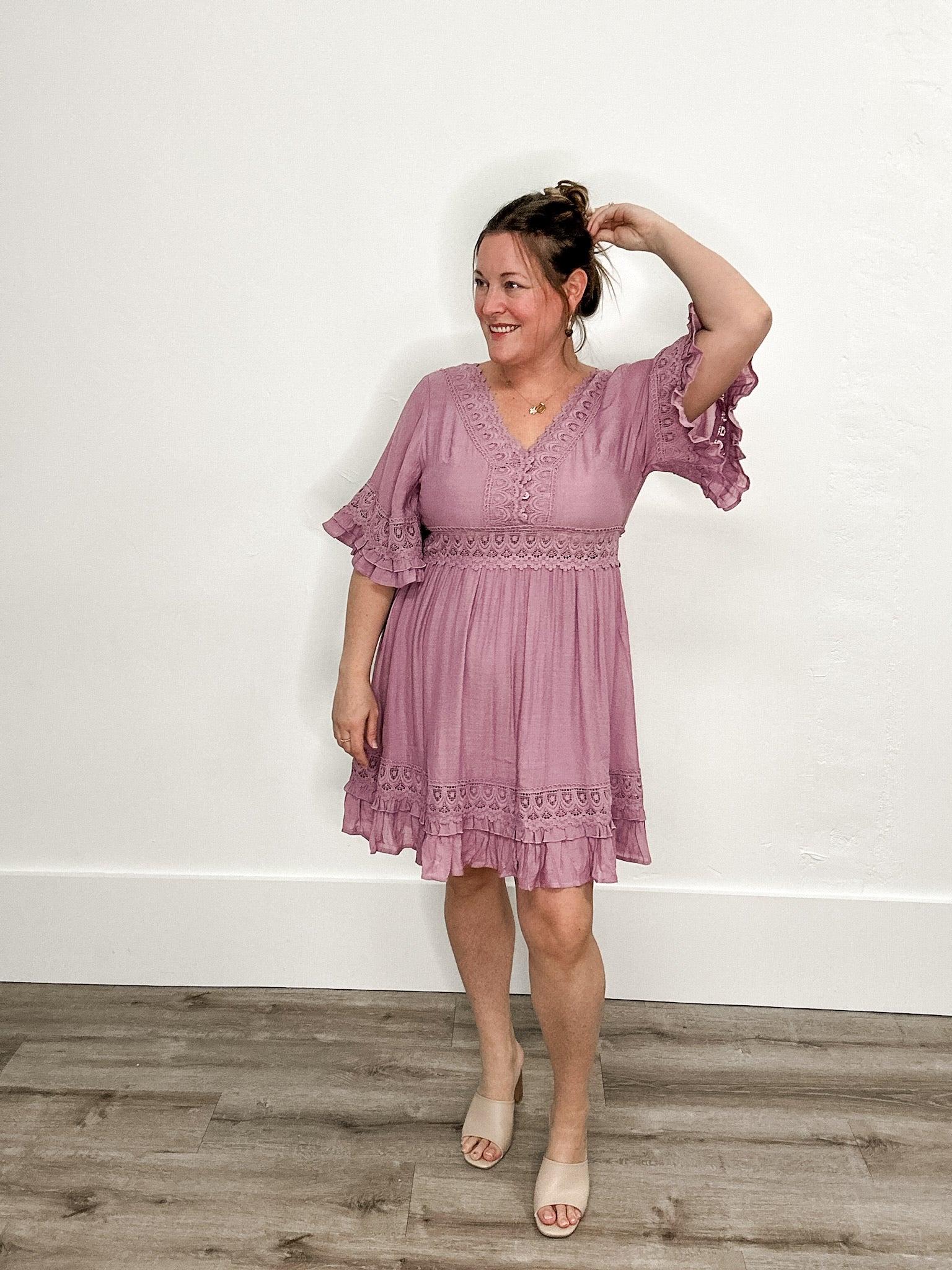 V-Neck Lace Dress Open Back - Rose-Casual Dresses- Hometown Style HTS, women's in store and online boutique located in Ingersoll, Ontario