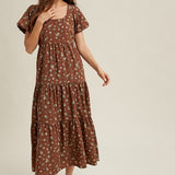 Floral Puff Sleeve Midi - Brown-dress- Hometown Style HTS, women's in store and online boutique located in Ingersoll, Ontario