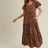 Floral Puff Sleeve Midi - Brown-dress- Hometown Style HTS, women's in store and online boutique located in Ingersoll, Ontario
