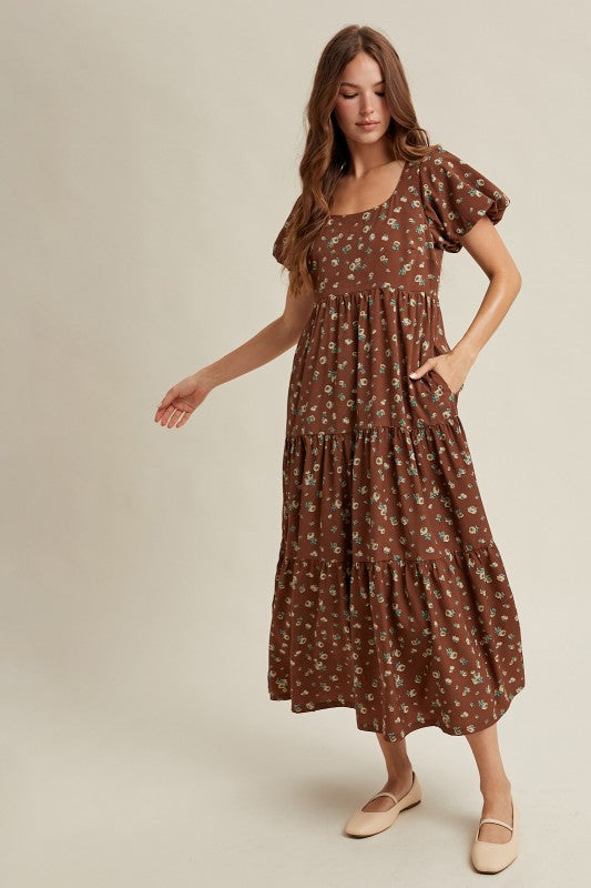 Floral Puff Sleeve Midi - Brown-dress- Hometown Style HTS, women's in store and online boutique located in Ingersoll, Ontario