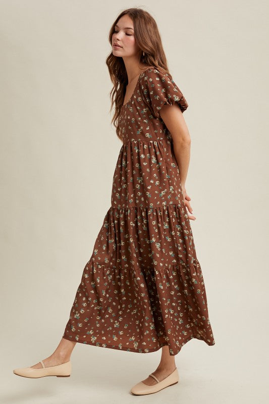 Floral Puff Sleeve Midi - Brown-dress- Hometown Style HTS, women's in store and online boutique located in Ingersoll, Ontario