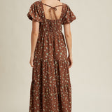 Floral Puff Sleeve Midi - Brown-dress- Hometown Style HTS, women's in store and online boutique located in Ingersoll, Ontario
