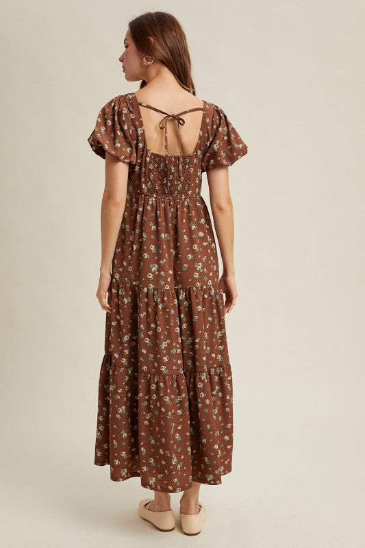 Floral Puff Sleeve Midi - Brown-dress- Hometown Style HTS, women's in store and online boutique located in Ingersoll, Ontario