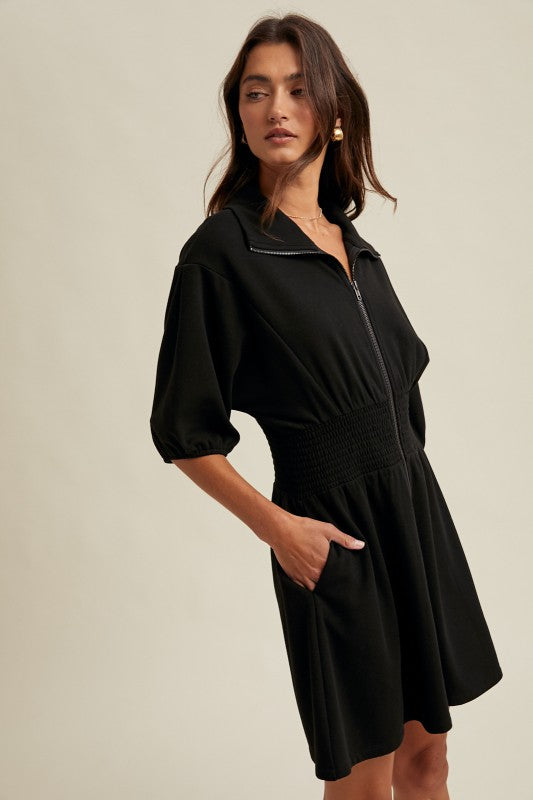 Puff Sleeve Knit Mini Dress - Black-Casual Dresses- Hometown Style HTS, women's in store and online boutique located in Ingersoll, Ontario
