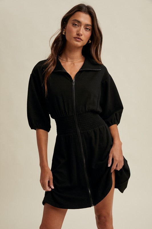 Puff Sleeve Knit Mini Dress - Black-Casual Dresses- Hometown Style HTS, women's in store and online boutique located in Ingersoll, Ontario