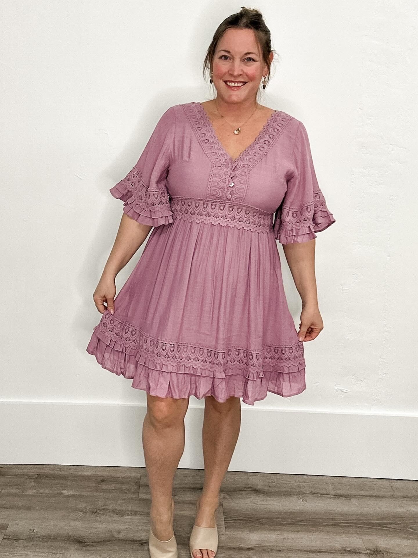 V-Neck Lace Dress Open Back - Rose-Casual Dresses- Hometown Style HTS, women's in store and online boutique located in Ingersoll, Ontario