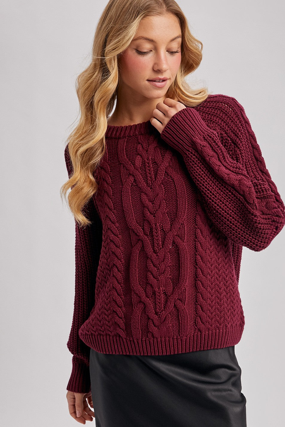 Crew-Neck Cable Knit Sweater Pullover - Wine-Sweaters and Cardigans- Hometown Style HTS, women's in store and online boutique located in Ingersoll, Ontario