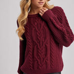 Crew-Neck Cable Knit Sweater Pullover - Wine-Sweaters and Cardigans- Hometown Style HTS, women's in store and online boutique located in Ingersoll, Ontario