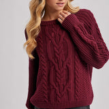Crew-Neck Cable Knit Sweater Pullover - Wine-Sweaters and Cardigans- Hometown Style HTS, women's in store and online boutique located in Ingersoll, Ontario