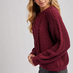 Crew-Neck Cable Knit Sweater Pullover - Wine-Sweaters and Cardigans- Hometown Style HTS, women's in store and online boutique located in Ingersoll, Ontario