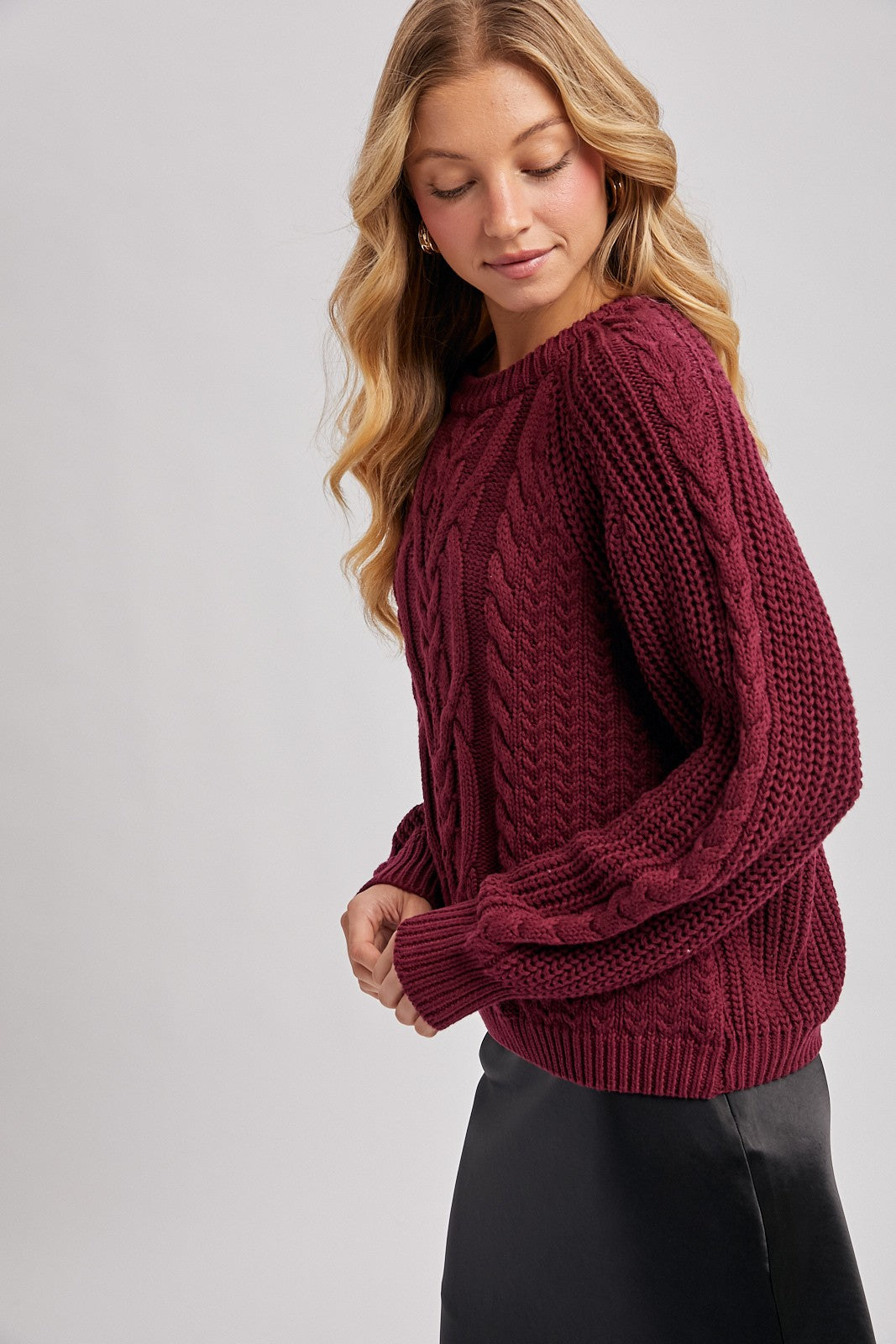 Crew-Neck Cable Knit Sweater Pullover - Wine-Sweaters and Cardigans- Hometown Style HTS, women's in store and online boutique located in Ingersoll, Ontario