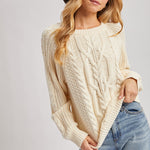 Crew-Neck Cable Knit Sweater Pullover - Cream-Sweaters and Cardigans- Hometown Style HTS, women's in store and online boutique located in Ingersoll, Ontario