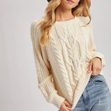 Crew-Neck Cable Knit Sweater Pullover - Cream-Sweaters and Cardigans- Hometown Style HTS, women's in store and online boutique located in Ingersoll, Ontario