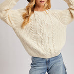Crew-Neck Cable Knit Sweater Pullover - Cream-Sweaters and Cardigans- Hometown Style HTS, women's in store and online boutique located in Ingersoll, Ontario