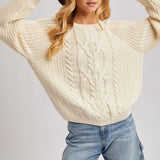 Crew-Neck Cable Knit Sweater Pullover - Cream-Sweaters and Cardigans- Hometown Style HTS, women's in store and online boutique located in Ingersoll, Ontario