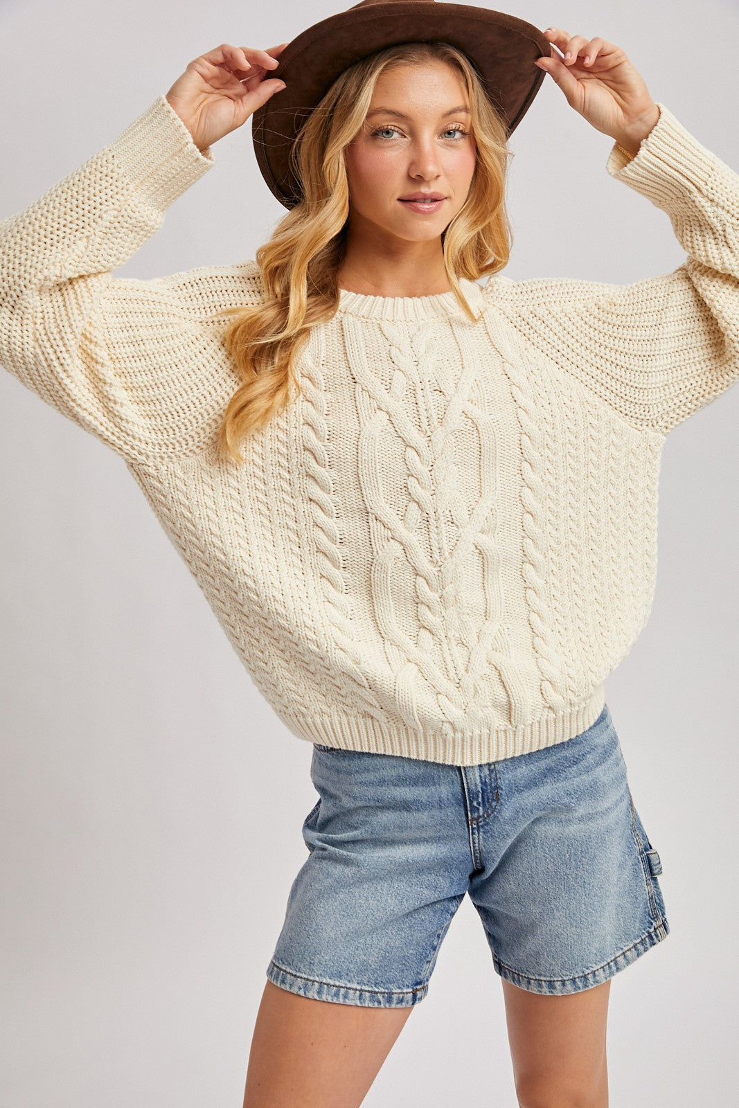 Crew-Neck Cable Knit Sweater Pullover - Cream-Sweaters and Cardigans- Hometown Style HTS, women's in store and online boutique located in Ingersoll, Ontario