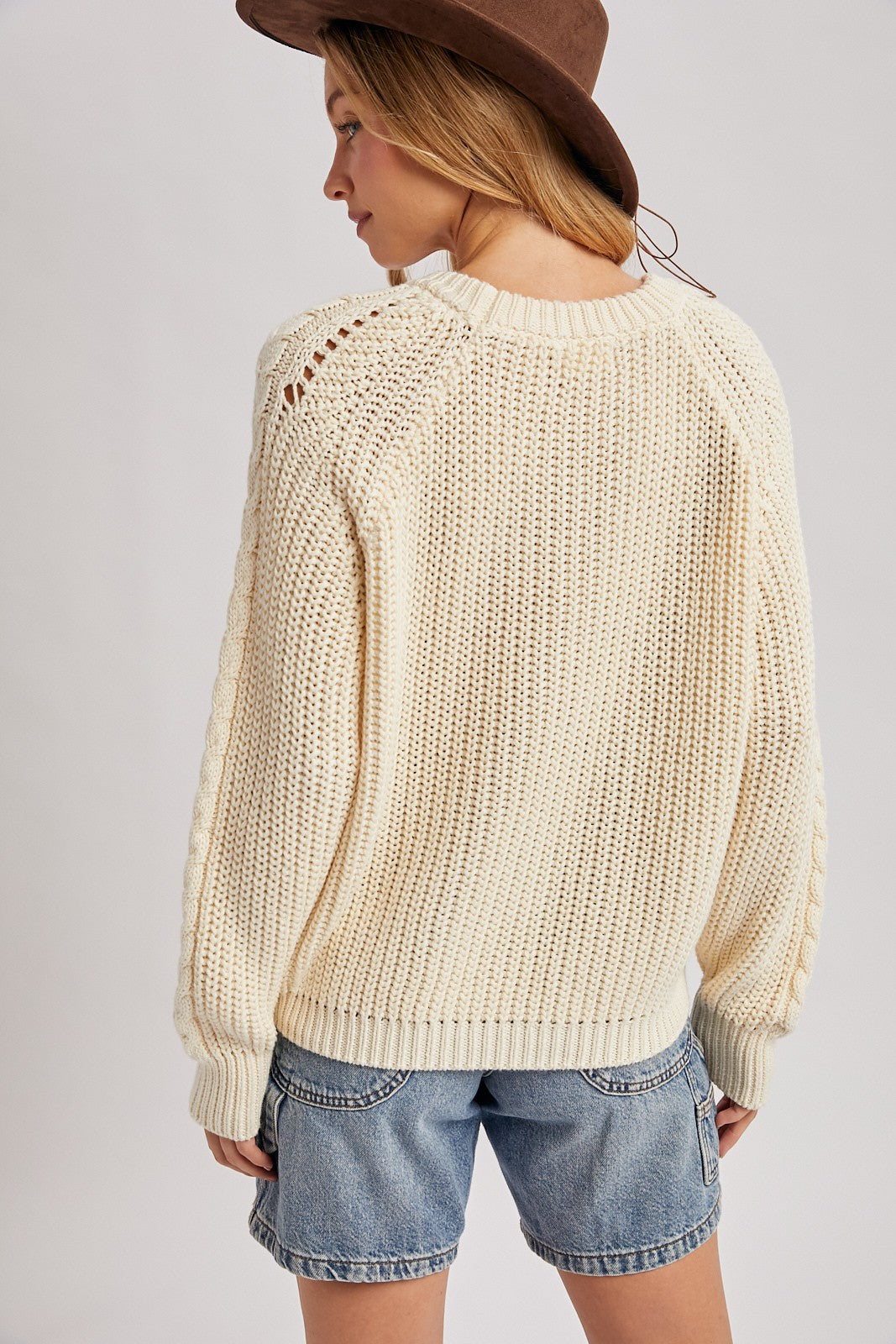 Crew-Neck Cable Knit Sweater Pullover - Cream-Sweaters and Cardigans- Hometown Style HTS, women's in store and online boutique located in Ingersoll, Ontario