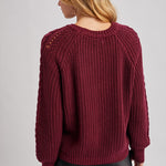 Crew-Neck Cable Knit Sweater Pullover - Wine-Sweaters and Cardigans- Hometown Style HTS, women's in store and online boutique located in Ingersoll, Ontario