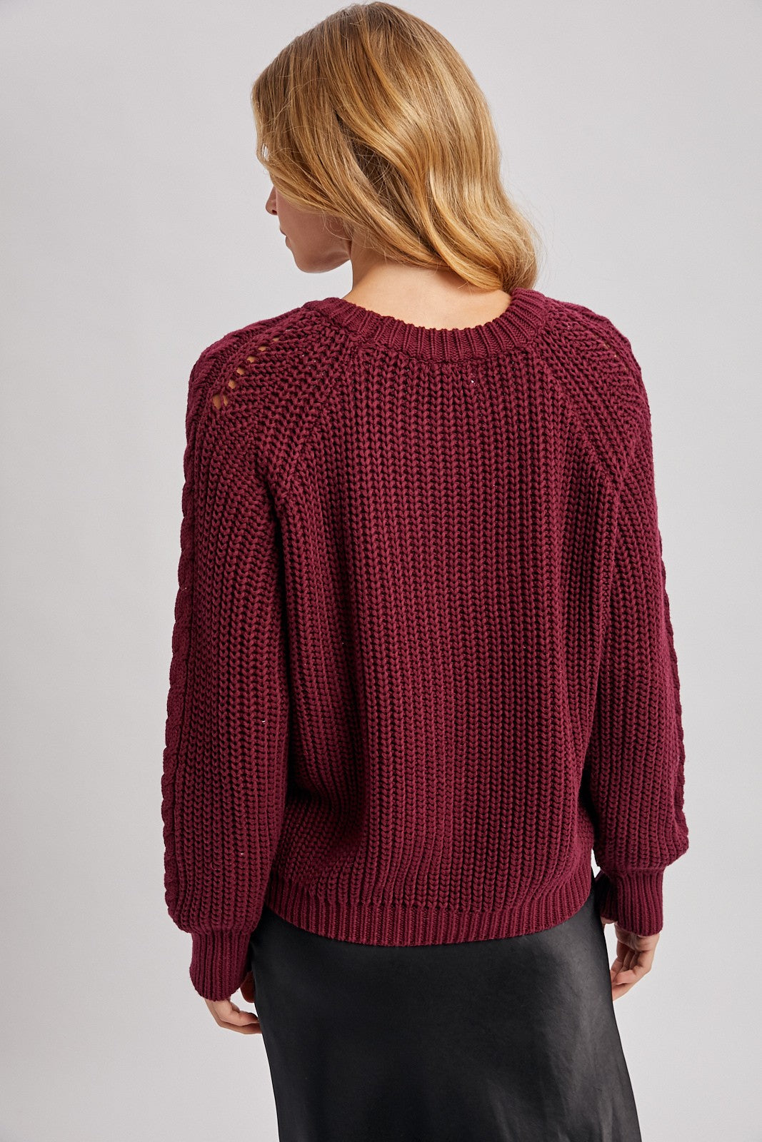 Crew-Neck Cable Knit Sweater Pullover - Wine-Sweaters and Cardigans- Hometown Style HTS, women's in store and online boutique located in Ingersoll, Ontario