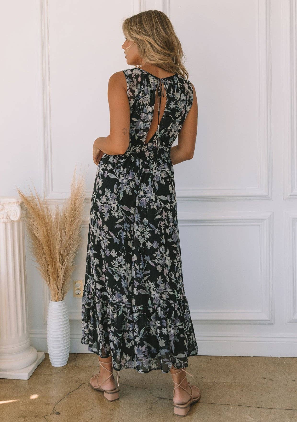 Floral Open Back Maxi Dress - Black-dress- Hometown Style HTS, women's in store and online boutique located in Ingersoll, Ontario