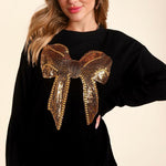 Gold Sequin Bow Christmas Sweater - Black-Sweater- Hometown Style HTS, women's in store and online boutique located in Ingersoll, Ontario