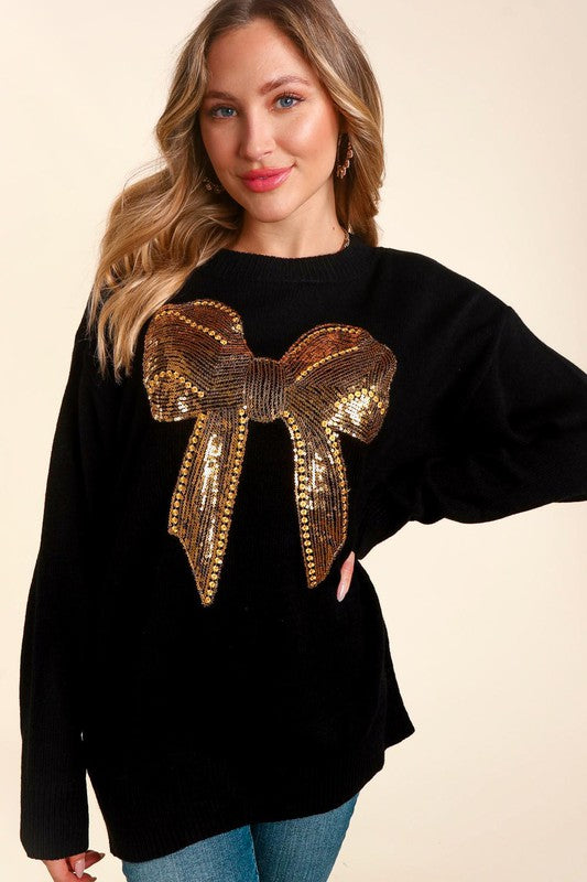 Gold Sequin Bow Christmas Sweater - Black-Sweater- Hometown Style HTS, women's in store and online boutique located in Ingersoll, Ontario