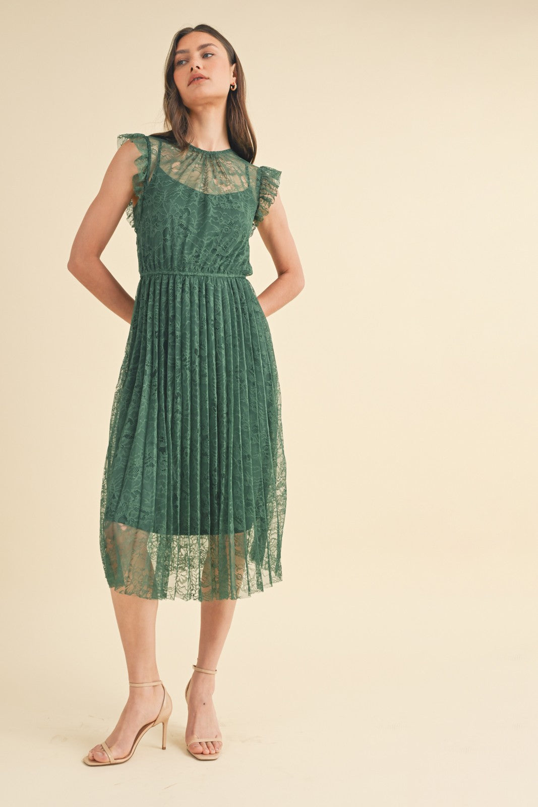 Floral Lace Pleated Midi Dress - Forest-dress- Hometown Style HTS, women's in store and online boutique located in Ingersoll, Ontario