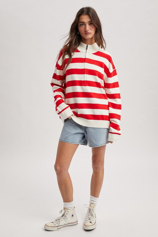 Striped Half Zip - Red-Sweater- Hometown Style HTS, women's in store and online boutique located in Ingersoll, Ontario