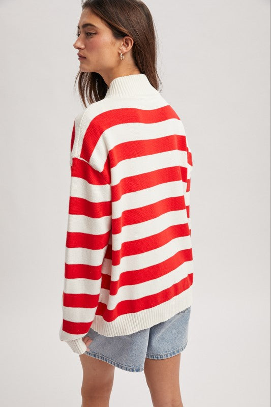 Striped Half Zip - Red-Sweater- Hometown Style HTS, women's in store and online boutique located in Ingersoll, Ontario