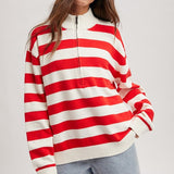 Striped Half Zip - Red-Sweater- Hometown Style HTS, women's in store and online boutique located in Ingersoll, Ontario