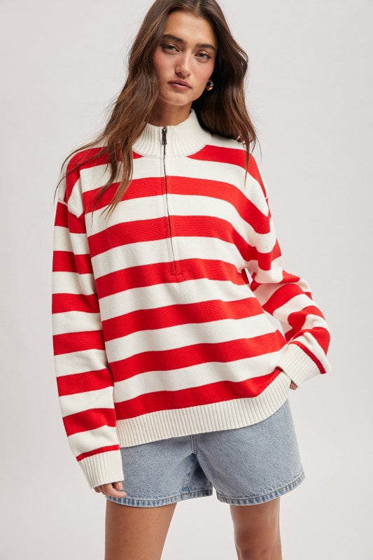 Striped Half Zip - Red-Sweater- Hometown Style HTS, women's in store and online boutique located in Ingersoll, Ontario