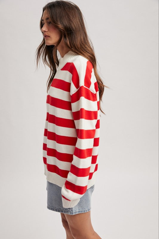 Striped Half Zip - Red-Sweater- Hometown Style HTS, women's in store and online boutique located in Ingersoll, Ontario