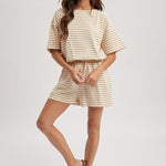 Striped Romper - Tan-shorts- Hometown Style HTS, women's in store and online boutique located in Ingersoll, Ontario